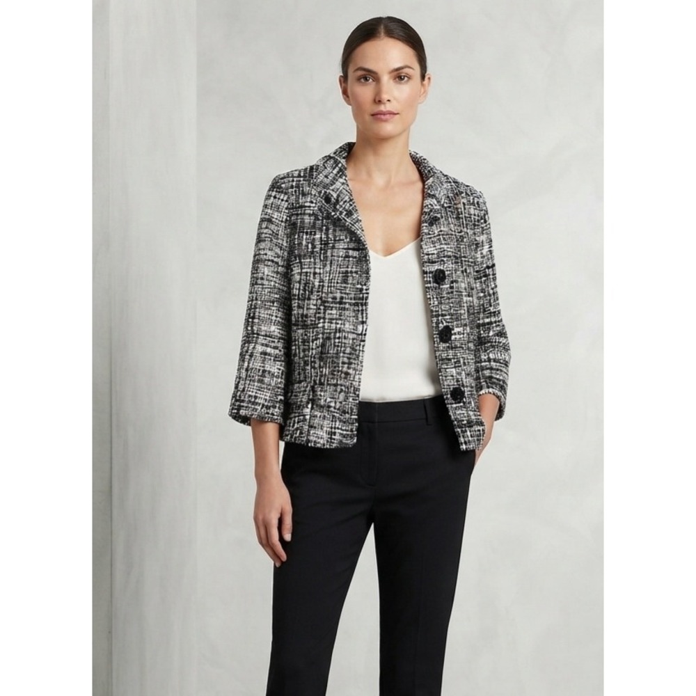 Kate Spade Black White Grid‎ Tweed Button Front Cropped Blazer Jacket 6